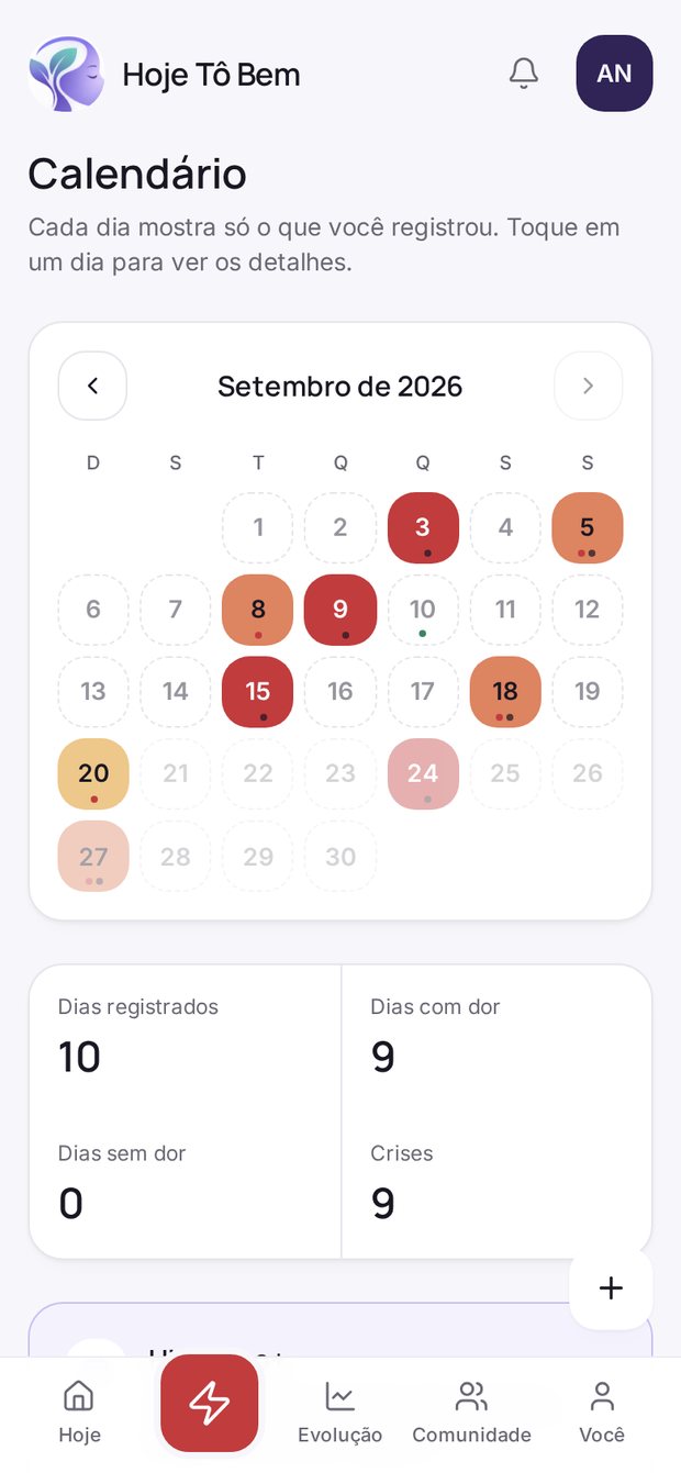 Tela de calendário do Hoje Tô Bem com os dias registrados no mês